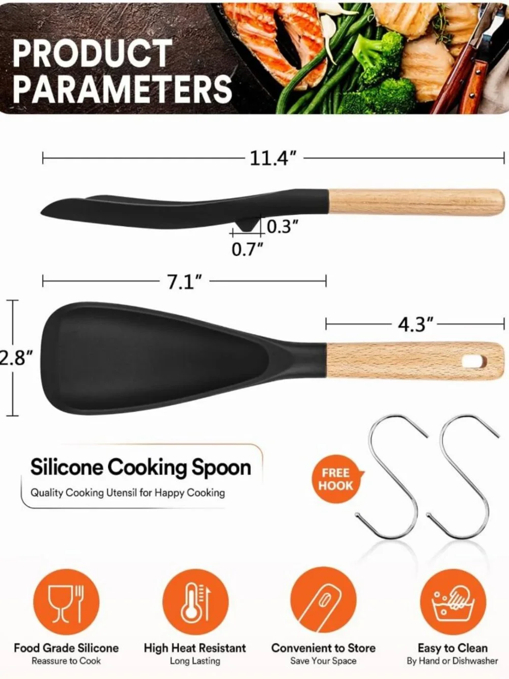 Nonstick Cooking Spoon - BPA-Free Silicone & Wood Handle, 11.4